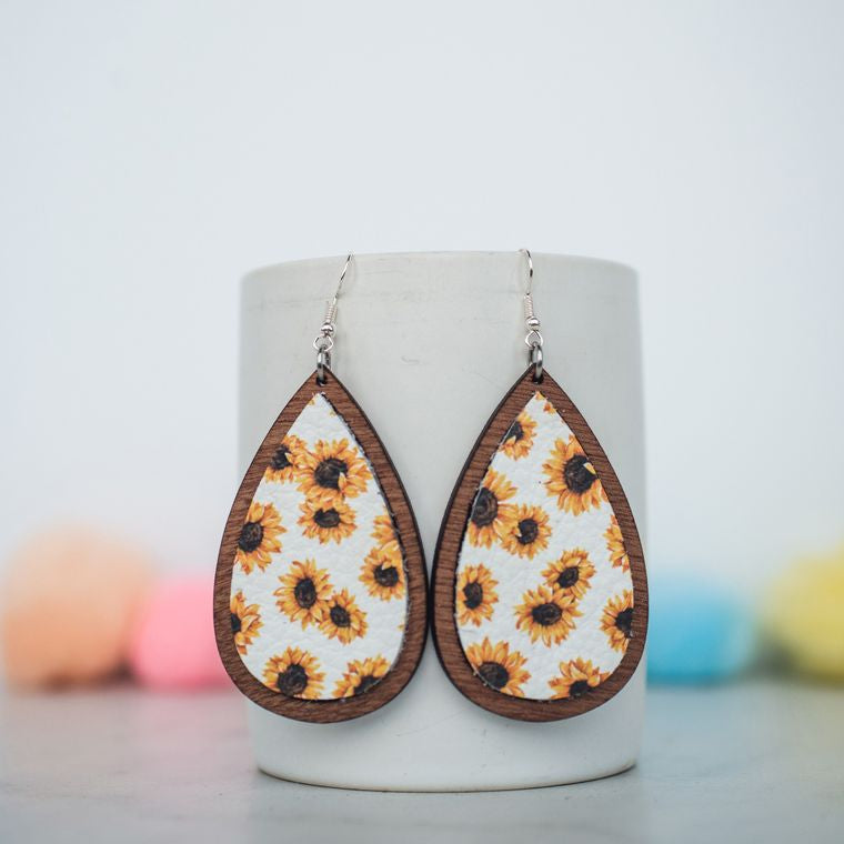 Sunflower Leather & Wood Teardrop Earrings