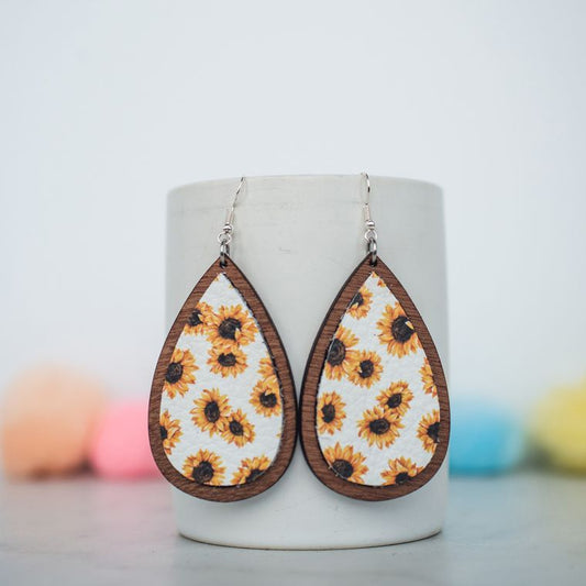 Sunflower Leather & Wood Teardrop Earrings